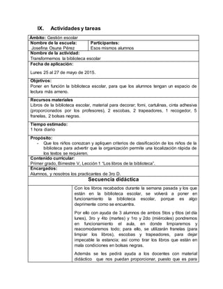 IX. Actividades y tareas
Ámbito: Gestión escolar
Nombre de la escuela:
Josefina Osuna Pérez
Participantes:
Esos mismos alumnos
Nombre de la actividad:
Transformemos la biblioteca escolar
Fecha de aplicación:
Lunes 25 al 27 de mayo de 2015.
Objetivos:
Poner en función la biblioteca escolar, para que los alumnos tengan un espacio de
lectura más ameno.
Recursos materiales
Libros de la biblioteca escolar, material para decorar; fomi, cartulinas, cinta adhesiva
(proporcionados por los profesores), 2 escobas, 2 trapeadores, 1 recogedor, 5
franelas, 2 bolsas negras.
Tiempo estimado:
1 hora diario
Propósito:
- Que los niños conozcan y apliquen criterios de clasificación de los niños de la
biblioteca para advertir que la organización permite una localización rápida de
los textos se requieren.
Contenido curricular:
Primer grado, Bimestre V, Lección 1 “Los libros de la biblioteca”.
Encargados:
Alumnos, y nosotros los practicantes de 3ro D.
Secuencia didáctica
Con los libros recabados durante la semana pasada y los que
están en la biblioteca escolar, se volverá a poner en
funcionamiento la biblioteca escolar, porque es algo
deprimente como se encuentra.
Por ello con ayuda de 3 alumnos de ambos 5tos y 6tos (el día
lunes), 3ro y 4to (martes) y 1ro y 2do (miércoles) pondremos
en funcionamiento el aula, en donde limpiaremos y
reacomodaremos todo; para ello, se utilizarán franelas (para
limpiar los libros), escobas y trapeadores, para dejar
impecable la estancia; así como tirar los libros que están en
mala condiciones en bolsas negras.
Además se les pedirá ayuda a los docentes con material
didáctico que nos puedan proporcionar, puesto que es para
 
