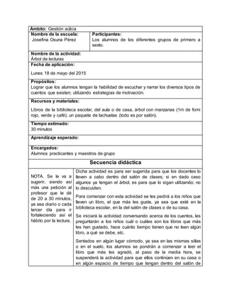 Ámbito: Gestión aúlica
Nombre de la escuela:
Josefina Osuna Pérez
Participantes:
Los alumnos de los diferentes grupos de primero a
sexto.
Nombre de la actividad:
Árbol de lecturas
Fecha de aplicación:
Lunes 18 de mayo del 2015
Propósitos:
Lograr que los alumnos tengan la habilidad de escuchar y narrar los diversos tipos de
cuentos que existen; utilizando estrategias de motivación.
Recursos y materiales:
Libros de la biblioteca escolar, del aula o de casa, árbol con manzanas (1m de fomi
rojo, verde y café), un paquete de tachuelas (todo es por salón).
Tiempo estimado:
30 minutos
Aprendizaje esperado:
Encargados:
Alumnos practicantes y maestros de grupo
Secuencia didáctica
NOTA. Se le va a
sugerir, siendo así
más una petición al
profesor que le dé
de 20 a 30 minutos,
ya sea diario o cada
tercer día para ir
fortaleciendo así el
hábito por la lectura.
Dicha actividad es para ser sugerida para que los docentes lo
lleven a cabo dentro del salón de clases; si en dado caso
algunos ya tengan el árbol, es para que lo sigan utilizando; no
lo descuiden.
Para comenzar con esta actividad se les pedirá a los niños que
lleven un libro, el que más les guste, ya sea que esté en la
biblioteca escolar, en la del salón de clases o de su casa.
Se iniciará la actividad conversando acerca de los cuentos, les
preguntarán a los niños cuál o cuáles son los libros que más
les han gustado, hace cuánto tiempo tienen que no leen algún
libro, a qué se debe, etc.
Sentados en algún lugar cómodo, ya sea en las mismas sillas
o en el suelo, los alumnos se pondrán a comenzar a leer el
libro que más les agradó, al paso de la media hora, se
suspenderá la actividad para que ellos continúen en su casa o
en algún espacio de tiempo que tengan dentro del salón de
 