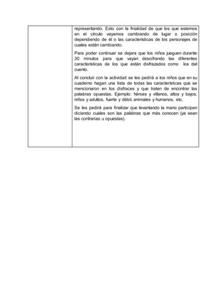 representando. Esto con la finalidad de que los que estemos
en el círculo vayamos cambiando de lugar o posición
dependiendo de él o las características de los personajes de
cuales están cambiando.
Para poder continuar se dejara que los niños jueguen durante
30 minutos para que vayan descifrando las diferentes
características de los que están disfrazados como los del
cuento.
Al concluir con la actividad se les pedirá a los niños que en su
cuaderno hagan una lista de todas las características que se
mencionaron en los disfraces y que traten de encontrar las
palabras opuestas. Ejemplo: héroes y villanos, altos y bajos,
niños y adultos, fuerte y débil, animales y humanos, etc.
Se les pedirá para finalizar que levantando la mano participen
diciendo cuales son las palabras que más conocen (ya sean
las contrarias u opuestas).
 