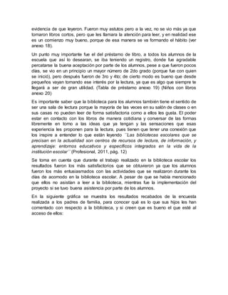 evidencia de que leyeron. Fueron muy astutos pero a la vez, no se vio más ya que
tomaron libros cortos, pero que les llamara la atención para leer, y en realidad ese
es un comienzo muy bueno, porque de esa manera se va formando el hábito (ver
anexo 18).
Un punto muy importante fue el del préstamo de libro, a todos los alumnos de la
escuela que así lo desearan, se iba teniendo un registro, donde fue agradable
percatarse la buena aceptación por parte de los alumnos, pese a que fueron pocos
días, se vio en un principio un mayor número de 2do grado (porque fue con quien
se inició), pero después fueron de 3ro y 4to; de cierto modo es bueno que desde
pequeños vayan tomando ese interés por la lectura, ya que es algo que siempre te
llegará a ser de gran utilidad. (Tabla de préstamo anexo 19) (Niños con libros
anexo 20)
Es importante saber que la biblioteca para los alumnos también tiene el sentido de
ser una sala de lectura porque la mayoría de las veces en su salón de clases o en
sus casas no pueden leer de forma satisfactoria como a ellos les gusta. El poder
estar en contacto con los libros de manera cotidiana y conversar de las formas
libremente en torno a las ideas que ya tengan y las sensaciones que esas
experiencia les proponen para la lectura, pues tienen que tener una conexión que
los inspire a entender lo que están leyendo ´´Las bibliotecas escolares que se
precisan en la actualidad son centros de recursos de lectura, de información, y
aprendizaje: entornos educativos y específicos integrados en la vida de la
institución escolar´´ (Profesional, 2011, pág. 12)
Se toma en cuenta que durante el trabajo realizado en la biblioteca escolar los
resultados fueron los más satisfactorios que se obtuvieron ya que los alumnos
fueron los más entusiasmados con las actividades que se realizaron durante los
días de acomodo en la biblioteca escolar. A pesar de que se había mencionado
que ellos no asistían a leer a la biblioteca, mientras fue la implementación del
proyecto si se tuvo buena asistencia por parte de los alumnos.
En la siguiente gráfica se muestra los resultados recabados de la encuesta
realizada a los padres de familia, para conocer qué es lo que sus hijos les han
comentado con respecto a la biblioteca, y si creen que es bueno el que esté al
acceso de ellos:
 