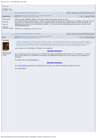 Viendo un tema - Arco pueblo Belén emore 2009.


   Posts: 118

   Ubicación: dos
   hermanas - sevilla

                        ip-hash: 88c54f62fbfc4f00d9e5790eef7c3baa

                         Enviado 24/3/2010 14:51 (#187625 - en respuesta a #187339)
  manuelenrique
                        Motivo: RE: Arco pueblo Belén emore 2009.

   Desconectado          antes de nada CHAPEAU maestro ya lo tienes dificil pero siempre hechas el resto.
                         dos cosillas te estoy haciendo caso a medias, ya que recubro de porex pero el soporte es en madera marina de 15 m/m,
   Pastorcillo
                         bien cual es el tamaño de tus figuras y por consiguiente dime el tamaño que sueles enplear de sillar de piedra ,de
   Posts: 58             dobelas de arco, etc yo hare la proporcion maestro , y una cosa mas, la ultima veladura de pintura, color por favor
                         GRACIASSSSSSSSSSS
   Ubicación:
   Peñarroya Cordoba     Modificado por manuelenrique 24/3/2010 14:54



                        ip-hash: c4d6b078466939021bca771b81489f0f

                         Enviado 24/3/2010 16:07 (#187636 - en respuesta a #187361)
  emore
                        Motivo: RE: Arco pueblo Belén emore 2009.

   Conectado
                             CONCA - 23/3/2010 14:43 En primer lugar GRACIAS y reitero mi más absoluta admiración por tu destreza. Es un auténtico placer ver
                             tus obras. Son perfectas. Y ahora tengo un par de preguntas: - En la foto 3 se ve como entre los dos frontales del arco has puesto otro
                             arco que une las dos partes donde luego vas pegando el pórex denso. ¿Qué material has utilizado, es madera de balsa o es pórex
                             denso, de qué grosor en ambos casos? - ¿Cual es la altura del arco desde el suelo a la clave? Muchísimas gracias de nuevo.

                         Luis, gracias por el comentario. Contesto a tus preguntas:

                                                                                  PRIMERA PREGUNTA
   Ubicación: Jerez
   de la Frontera        En la cara interna de los dos arcos, he colocado una chapa de poliestireno extruído de 3 mm de grosor y 17 cm de
   (Cádiz)               ancha. Dicha chapa la he cortado de una plancha de poliestireno extruído de 3 cm de grosor con la cortadora de
                         porexpán.

                         Te pongo copia de la foto número. 3.

                                                                                  SEGUNDA PREGUNTA

                         En la foto número 28 pongo las medidas del arco. Dicho arco está construido para figura de 19 cm.

                         Un cordial saludo.




http://foro.belenismo.net/forums/thread-view.asp?tid=14407posts=104start=1[06/10/2010 21:44:33]
 