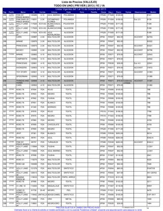 Listas Vigentes del 1 al 15 de Octubre del 2013
TODO EN UNO | PRI VER | 2013 | 1E | 1A
Lista de Precios (VALLEJO)
Pag IDMarcaPasillo Sug_cClavesPlantillaForro ModeloObservacionesFechasPrecioCorteColoresCorrida
8141P1S291PS29120466PINK BY
PRICE SHOES
B. ROPA
DOBLADA294 POLIAMIDAAZUL MARINO4-10 $129.00
8139P1S091PS09119251PINK BABY BY
PRICE SHOES
B. ROPA
DOBLADA294 Exc 2.5POLIAMIDAESTAMPADO
FLORES
2-3X $109.00
PJ06P1S551PS29117626HOLLY LAND
27
B. ROPA
DOBLADA295 POLIESTERBLANCO/AZUL
CLARO
XCH-XG $171.00
PJ06P1S551PS29117625HOLLY LAND
27
B. ROPA
DOBLADA295 ALGODONBLANCO/CORALXCH-XG $171.00
PJ06P1S551PS29117624HOLLY LAND
27
B. ROPA
DOBLADA295 ALGODONAZUL
ROYAL/ROSA
XCH-XG $171.00
82793P0S473PS9120887CARS296 AG.EXIST.ALGODONMULTICOLOR2-3X $52.00
83322P0S473PS9120876MINNIE296 ALGODONMULTICOLOR2-3X $52.00
83321P0S473PS9120875PRINCESAS296 AG.EXIST.ALGODONMULTICOLOR2-3X $52.00
82796P0S473PS9120890MICKEY296 AG.EXIST.ALGODONMULTICOLOR2-3X $52.00
22543P0S715PS9120883MINNIETOONS297 AG.EXIST.ALGODONMULTICOLOR4-10 $79.00
22542P0S715PS9120882CAMPANITA297 ALGODONMULTICOLOR4-10 $79.00
22541P0S393PS9120881PRINCESAS297 Exc 4.0ALGODONMULTICOLOR4-10 $39.00
31872P0S715PS9120903AVENGERS298 AG.EXIST.ALGODONMULTICOLOR4-10 $79.00
31383P0S715PS9120901TOY STORY298 AG.EXIST.ALGODONMULTICOLOR4-10 $79.00
31385P0S715PS9120900SPIDERMAN298 ALGODONMULTICOLOR4-10 $79.00
31387P0S715PS9120899PHINEAS AND
FERBS
298 AG.EXIST.ALGODONMULTICOLOR4-10 $79.00 Existencia
Limitada
31382P0S715PS9120902CARS298 ALGODONMULTICOLOR4-10 $79.00
788P0S957PS987904KEBO 76JOYAS300 TEXTILROJOPZA $105.00
788P0S957PS987903KEBO 76JOYAS300 TEXTILNEGROPZA $105.00
788P0S957PS987902KEBO 76JOYAS300 TEXTILFIUSHAPZA $105.00
788P0S957PS987901KEBO 76JOYAS300 TEXTILBLANCOPZA $105.00
788P0S957PS981340KEBO 76JOYAS300 TEXTILMORADOPZA $105.00
7788P1S431PS1987976KEBO 76JOYAS301 TEXTILROJOPZA $158.00
7788P1S431PS1987975KEBO 76JOYAS301 TEXTILNEGROPZA $158.00
A705P0S957PS987960KEBO 76JOYAS301 TEXTILNEGROPZA $105.00
A705P0S957PS987959KEBO 76JOYAS301 TEXTILCHOCOLATEPZA $105.00
162P1S551PS2987955KEBO 76301 TEXTILNEGROPZA $171.00
B214P2S391PS9997361JEEPJOYAS302 TEXTILBLANCOPZA $263.00
B342-AP2S391PS9995761KEBO R2JOYAS302 TEXTILAZULPZA $263.00
B342-CP2S391PS9995757PINK BY
PRICE SHOES
JOYAS302 AG.EXIST.TEXTILTURQUEZAPZA $263.00
LC001P0S473PS9115994HOLLY LAND
21
JOYAS303 TEXTILFIUSHAPZA $52.00
LC001P0S473PS9115993HOLLY LAND
21
JOYAS303 TEXTILAZUL MARINOPZA $52.00
0541P1S078PS987958KEBO 76JOYAS303 TEXTILFIUSHAPZA $118.00
6220P0S836PS9119275KEBO S1JOYAS303 TEXTILMULTICOLORPZA $92.00
7946P0S473PS9105468KEBO Q8JOYAS304 TEXTILMULTICOLORPZA $52.00
PUNTOSP0S544PS5121279HOLLY LAND
33
JOYAS304 SINTETICOMULTICOLORPZA $60.00
XH-120703P0S423PS5120013HOLLY LAND
30
JOYAS304 SINTETICOMULTICOLORPZA $47.00
6603P1S199PS9119033BANANA
PRICE 59
JOYAS304 PAPEL ARROZMULTICOLORPZA $131.00
0211P0S927PS687956KEBO 76JOYAS305 TEXTILNEGROPZA $102.00
MINYP1S078PS9114464VI LINE 1SJOYAS305 SINTETICOMAQUILLAJEPZA $118.00
6478P1S311PS0961739UOMO DI
FERRO 11
JOYAS305 PIELNEGRO30-40 $145.00
EVP-1817P0S957PS9119442HOLLY LAND
24
JOYAS305 SINTETICOBEIGE/CAMELUNITALLA $105.00
1009P0S594PS9119682HOLLY LAND
24
JOYAS306 METALOROPZA $65.00
1464P0S352PS9119681HOLLY LAND
24
JOYAS306 TEXTILNEGRO/OROPZA $39.00
14717.26092013.00.00PRECIOS SUJETOS A CAMBIO SIN PREVIO AVISO
Estimado Socio si tu Cliente te solicita un modelo sombreado y con la Leyenda "Existencia Limitada", proponle una segunda opción para asegurar tu venta.
 