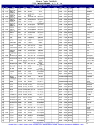 Listas Vigentes del 1 al 15 de Octubre del 2013
TODO EN UNO | PRI VER | 2013 | 1E | 1A
Lista de Precios (VALLEJO)
Pag IDMarcaPasillo Sug_cClavesPlantillaForro ModeloObservacionesFechasPrecioCorteColoresCorrida
2269GP1S311PS0968125UOMO DI
FERRO 42
JOYAS315 ALLOYNEGROPZA $145.00
WS08M12P1S711PS4266033UOMO DI
FERRO 01
JOYAS315 ALLOYNEGROPZA $189.00
5242GP2S121PS7675014UOMO DI
FERRO 76
JOYAS316 ALLOYBLACK DIAL
WITH
PZA $234.00
154GP2S241PS8668156UOMO DI
FERRO 76
JOYAS316 SINTETICONEGRO/PLATAPZA $247.00
5356GP2S381PS9876680UOMO DI
FERRO 76
JOYAS316 SINTETICONEGRO/PLATAPZA $262.00
5177GP2S381PS9868135UOMO DI
FERRO 76
JOYAS316 ACERO
INOXIDABLE
NEGROPZA $262.00
LW6026P2S361PS96116778UOMO DI
FERRO 41
317 SINTETICONEGRO/AZULPZA $260.00
0M12801FP2S071PS7268074KEBO 80JOYAS317 SINTETICOBLANCO/NEGROPZA $228.00
5341GP1S901PS5882814UOMO DI
FERRO 76
JOYAS317 SINTETICONEGRO/NARANJAPZA $209.00
ST2335GQP2S261PS8868217KEBO 15JOYAS317 SINTETICONEGRO/GRISPZA $249.00
3968-0P0S896PS5116037LAMEX318 ACERONEGROPZA $89.00
200006P1S591PS1982097OXAL318 PLASTICOGRIS/AZULPZA $159.00
618P1S891PS39108569ALPRO318 ALUMINIOGRISPAQ $189.00
CHOR0521P2S691PS9959851PYR-O-REY319 VIDRIOCRISTALPAQ $269.00
8142P0S594PS596457CRISA319 VIDRIOMULTICOLORPAQ $59.00
VACASP0S493PS9108528BORGONOVO319 VIDRIOMULTICOLORPZA $49.00
2210P0S392PS895948PRINCESS
GIRLS 24
320 PLASTICOROSA/BLANCOPAQ $39.00
9682P0S694PS995944PRICE FOOD
09
320 PLASTICOBLANCO/ROSAPAQ $69.00
INDIVIDUALP1S501PS09106800BE LA VIDA 02HOME321 POLIESTER/ALGODONMULTICOLORPAQ $150.00
MATRIMONIALP1S601PS29106799BE LA VIDA 02321 POLIESTER/ALGODONMULTICOLORPAQ $160.00
ALMERA-CENTURP0S795PS9113453TOWEL321 100 %
ALGODÓN
MULTICOLORMEDIO
BAÑO
$79.00
KING SIZEP2S491PS8476949BE LA VIDA 02321 100 %
POLIESTER
MULTICOLORPAQ $249.00
PB11P3S692PS99116118NEUHAUS322 METALGRISPZA $369.00
PS4QAEP5S593PS59114499DELHER322 ACERO
INOXIDABLE/BAQUELITA
ACEROPZA $559.00
ERISP0S998PS986432TAURUS322 SIN ACABADOGRISPZA $99.00
FV3450X0P7S697PS09112741T-FAL322 PLASTICOVERDEPZA $769.00
039005MXP24S992PS089121362MEJOR
COMPRA TV
323 ZAFIROAZULPAQ $2,499.00
E226P34S992PS73990351CV DIRECTO324 SIN ACABADOMULTICOLORPZA $3,499.00
BODY
CRUNCH
P39S992PS999113473INOVA325 NO APLICANEGROPZA $3,999.00
QUEBAREP4S993PS79107076INOVA326 POLIESTERNEGROCH-XG $499.00
QUEBAREP4S993PS79107075INOVA326 POLIESTERBLANCOCH-XG $499.00
GENIE BRAP11S999PS49107073INOVA326 NO APLICAMULTICOLORXCH-XXG $1,199.00
QUEBAREP4S993PS79115056INOVA326 NO APLICABEIGECH-XG $499.00
S1078NP4S993PS99115616CV DIRECTO327 NO APLICANEGROCH-XG $499.00
S974NP7S996PS3997037CV DIRECTO327 TEXTILNEGROXCH-XG $799.00
PS200P1S299PS985844BE LA VIDA 07328 SIN ACABADONEGROPZA $129.00
PS8010AP2S491PS9985843BE LA VIDA 07328 SIN ACABADONEGROPZA $249.00
U101P2S992PS4988664SENDAI329 SIN ACABADONEGROPZA $299.00
PLUMA
LASER
P2S992PS49115386KYOTO329 NO APLICAMULTICOLORPZA $299.00
LOGO KYOTOP1S991PS29115385KYOTO329 NO APLICAMULTICOLORPZA $199.00
VSC510TP9S898PS89103884KYOTOTOONS329 SIN ACABADONEGROPZA $989.00
TV6+P8S197PS19118752KYOTO330 SIN ACABADOBLANCOPZA $819.00
TV11P7S596PS59118751KYOTOHOME330 SIN ACABADONEGROPZA $759.00
TV11P7S596PS59118750KYOTO330 SIN ACABADOBLANCOPZA $759.00
16717.26092013.00.00PRECIOS SUJETOS A CAMBIO SIN PREVIO AVISO
Estimado Socio si tu Cliente te solicita un modelo sombreado y con la Leyenda "Existencia Limitada", proponle una segunda opción para asegurar tu venta.
 