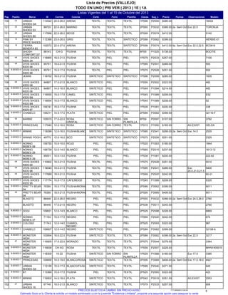 Listas Vigentes del 1 al 15 de Octubre del 2013
TODO EN UNO | PRI VER | 2013 | 1E | 1A
Lista de Precios (VALLEJO)
Pag IDMarcaPasillo Sug_cClavesPlantillaForro ModeloObservacionesFechasPrecioCorteColoresCorrida
16004P2S591PS99TEXTILTEXTIL114542URBAN
SHOES G4
23130 TEXTILARENA22.0-26.0 $285.00
TORONJAP3S322PS65TEXTILTEXTIL99720URBAN
SHOES 53
23131 Exc 22.0TEXTILMARINO22.0-26.0 $366.00 2a. Sem Oct
5140P3S742PS99TEXTILTEXTIL117896URBAN
SHOES B0
24131 TEXTILBEIGE22.0-26.0 $412.00
HERBIE-01P3S622PS89SINTETICOTEXTIL112388PINK BY
PRICE SHOES
12132 TEXTILGRIS23.0-26.0 $399.00
BC0616P3S742PS99SINTETICOTEXTIL102072TIERRA
BENDITA 63
18132 Exc 22.0,22.5TEXTILARENA22.0-27.0 $412.00 5a. Sem Oct
BOOTIEP1S258PS9TEXTILTEXTIL98143SHOSH
CONFORT D7
133 TEXTILFIUSHACH-G $138.00
7100P2S331PS79PIELPIEL118965VIVIS SHOES
KIDS 29
48135 TEXTILFIUSHA18.0-21.0 $257.00
500P2S411PS85PIELPIEL95791VIVIS SHOES
KIDS 98
48135 TEXTILFIUSHA18.0-21.5 $266.00
500P2S281PS75PIELPIEL95791VIVIS SHOES
KIDS 98
B.BEBES 8135 TEXTILFIUSHA15.0-17.5 $251.00
1935P2S591PS99SINTETICOSINTETICO118702JEANS136 SINTETICOFIUSHA18.0-21.0 $285.00
483P2S021PS55PIELPIEL94897VIVIS SHOES
KIDS 08
48136 SINTETICOBLANCO17.0-21.5 $223.00
483P1S941PS49PIELPIEL94897VIVIS SHOES
KIDS 08
B.BEBES 8136 SINTETICOBLANCO14.0-16.5 $214.00
E52P1S891PS45PIELPIEL118555VIVIS SHOES
KIDS B8
B.BEBES 8137 SINTETICOCAMEL15.0-17.5 $208.00
52P1S891PS45PIELPIEL118554VIVIS SHOES
KIDS B8
B.BEBES 8137 SINTETICOBLANCO15.0-17.5 $208.00
338P1S811PS39PIELPIEL106741VIVIS SHOES
KIDS 87
B.BEBES 8138 TEXTILFIUSHA15.0-17.0 $200.00
32116-FP3S622PS89PIELPIEL106211CHABELOB.BEBES 2138 SINTETICOPLATA14.5-17.0 $399.00
3792P0S976PS9SIN
PLANTILLA
SIN FORRO105915BARBIE46139 SINTETICOROSA
CRISTAL
17.0-22.0 $107.00
HELDAP1S501PS15TEXTILSIN FORRO117840PRINCESASB.BEBES 6139 AG.EXIST.SINTETICOROSA12.0-16.0 $165.00
2535P2S411PS85SINTETICOSINTETICO118299MINNIEB.BEBES 5140 Exc 14.0SINTETICOFIUSHA/BLANCO12.0-16.0 $266.00 2a. Sem Oct
2325P2S281PS75SINTETICOSINTETICO49775WINNIE POOHB.BEBES 8140 SINTETICOBCO12.0-16.0 $251.00
1844P1S631PS25PIELPIEL106755NONNO
BEBES 08
B.BEBES 5141 PIELROJO10.0-15.0 $180.00
1613-12P2S151PS65PIELPIEL106739NONNO
BEBES 29
B.BEBES 5141 PIELBLANCO12.0-14.0 $237.00
222-62P1S811PS39PIELPIEL95001NONNO
BEBES 29
B.BEBES 5141 PIELFIUSHA10.0-13.0 $200.00
5010P2S281PS75PIELPIEL110902VIVIS SHOES
KIDS 00
48142 TEXTILFIUSHA18.0-21.5 $251.00
5400P2S411PS85PIELPIEL118040VIVIS SHOES
KIDS 98
48142 Exc
20.0,21.0,21.5
TEXTILFIUSHA18.0-21.5 $266.00
60-01P2S201PS69PIELPIEL117689VIVIS SHOES
KIDS 01
48143 TEXTILFIUSHA18.0-21.0 $242.00
5320P1S891PS45PIELPIEL117774VIVIS SHOES
KIDS 95
B.BEBES 8143 TEXTILCAFE/BEIGE15.0-17.5 $208.00
9011P3S622PS89PIELPIEL76390PRETTY BEAR
04
B.BEBES 4144 TEXTILFIUSHA/MORADO15.0-17.5 $399.00
9011P3S692PS95PIELPIEL76390PRETTY BEAR
04
46144 TEXTILFIUSHA/MORADO18.0-21.5 $406.00
2760P3S322PS55PIELPIEL86446BLASITO145 Exc 24.5,26.0PIELNEGRO22.0-26.0 $366.00 2a. Sem Oct
2760P3S112PS39PIELPIEL86446BLASITO145 PIELNEGRO17.0-21.5 $343.00
6869P2S982PS29PIELPIEL109831DOGIB.BEBES 3146 PIELBLANCO12.0-14.5 $328.00
674P2S201PS69PIELPIEL71164NONNO
BEBES 37
B.BEBES 6146 PIELNEGRO15.0-17.5 $242.00
967P2S932PS25PIELPIEL71743COLOSOB.BEBES 2147 PIELCHAROL
NEGRO
12.0-14.0 $323.00
32158-AP3S622PS89PIELPIEL108907CHABELOB.BEBES 2147 SINTETICONEGRO12.0-14.0 $399.00
3217P3S622PS89TEXTILTEXTIL103904MONSTER
HIGH
B.BEBES 5148 Exc 22.0SINTETICOFIUSHA16.0-22.0 $399.00 2a. Sem Oct
3364P3S442PS75TEXTILTEXTIL116905MONSTER
HIGH
47148 TEXTILMORADO17.0-22.0 $379.00
MHNY400010P2S071PS59TEXTILTEXTIL116838MONSTER
HIGH
B.BEBES 5149 TEXTILROSACH-XG $228.00
3385P1S681PS29SIN
PLANTILLA
SIN FORRO118300MONSTER
HIGH
B.BEBES 5149 Exc 17.0SINTETICOFIUSHA15-22 $185.00
4927P3S692PS95TEXTILTEXTIL109959PRINCESASB.BEBES 7150 Exc 17.0,18.0SINTETICOBLANCO/ROSA14.0-19.0 $406.00 2a. Sem Oct
645P2S461PS89TEXTILTEXTIL113128URBAN
SHOES G2
B.BEBES 7150 SINTETICOBLANCO/FIUSHA15.0-17.5 $271.00
423P2S932PS25TEXTILTEXTIL113369BTB.BEBES 1151 PIELFIUSHA15.0-17.5 $323.00
2553P3S192PS45TEXTILTEXTIL116902MINNIEB.BEBES 5152 AG.EXIST.SINTETICOPLATA14.0-18.0 $351.00
906P2S331PS79TEXTILTEXTIL67146URBAN
SHOES 15
47152 SINTETICOBLANCO18.0-21.5 $257.00
6717.26092013.00.00PRECIOS SUJETOS A CAMBIO SIN PREVIO AVISO
Estimado Socio si tu Cliente te solicita un modelo sombreado y con la Leyenda "Existencia Limitada", proponle una segunda opción para asegurar tu venta.
 