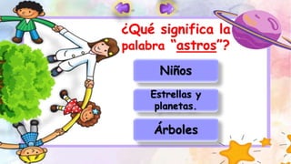 ¿Qué significa la
palabra “astros”?
Niños
Estrellas y
planetas.
Árboles
 