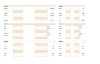 Grupo C                                Grupo D

Argentina               C. De Marfil   Mexico                   Iran

Serbia y M.                 Holanda    Angola               Portugal

Argentina               Serbia y M.    Mexico                Angola

Holanda                 C. De Marfil   Portugal                 Iran

Holanda                    Argentina   Portugal              Mexico

C. De Marfil            Serbia y M.    Iran                  Angola



Grupo E                                Grupo F

Italia         Ghana                   Brasil      Croacia

EEUU           Rep Checa               Australia   Japon

Italia         EEUU                    Brasil      Australia

Rep Checa      Ghana                   Japon       Croacia

Rep Checa      Italia                  Japon       Brasil

Ghana          EEUU                    Croacia     Australia



Grupo G                                Grupo H

Francia                        Suiza   España                Ucrania

Corea                          Togo    Tunez                Arabia S.

Francia                       Corea    España                  Tunez

Togo                           Suiza   Arabia S.             Ucrania

Togo                         Francia   Arabia S.             España

Suiza                         Corea    Ucrania                 Tunez
 