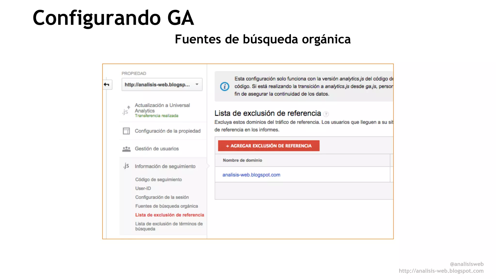 @anali sisweb 
http://analisis-web.blogspot.com 
Configurando GA 
Fuentes de búsqueda orgánica 
 