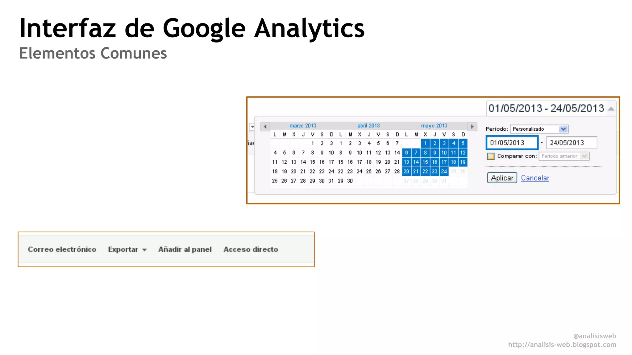 Interfaz de Google Analytics 
Elementos Comunes 
@analisisweb 
http://analisis-web.blogspot.com 
 