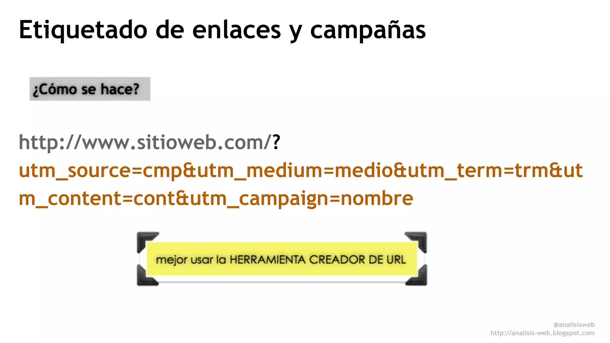 Etiquetado de enlaces y campañas 
http://www.sitioweb.com/? 
utm_source=cmp&utm_medium=medio&utm_term=trm&ut 
m_content=cont&utm_campaign=nombre 
@analisisweb 
http://analisis-web.blogspot.com 
 