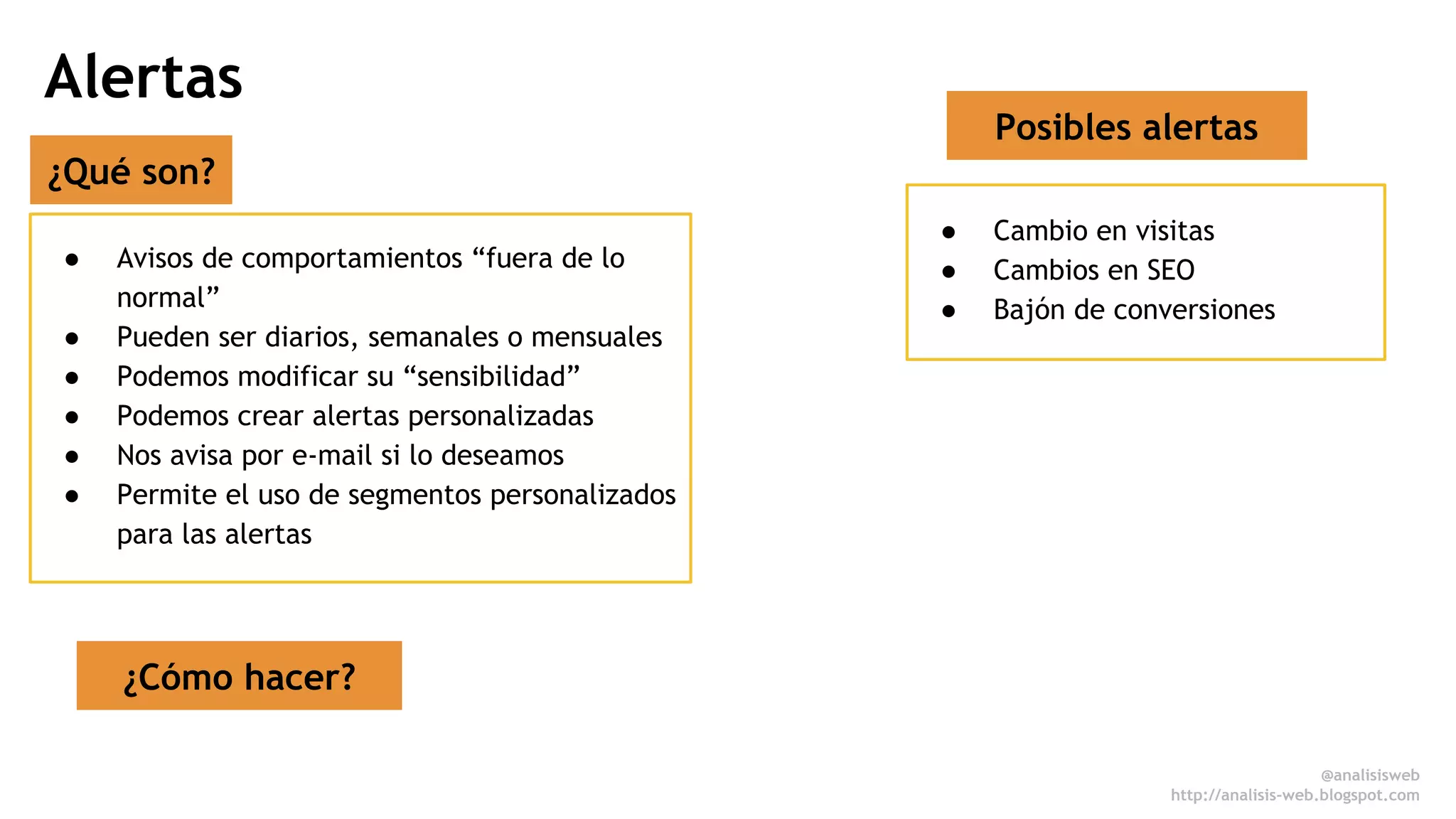 Alertas 
● Avisos de comportamientos “fuera de lo 
normal” 
● Pueden ser diarios, semanales o mensuales 
● Podemos modificar su “sensibilidad” 
● Podemos crear alertas personalizadas 
● Nos avisa por e-mail si lo deseamos 
● Permite el uso de segmentos personalizados 
para las alertas 
● Cambio en visitas 
● Cambios en SEO 
● Bajón de conversiones 
¿Qué son? 
Posibles alertas 
¿Cómo hacer? 
@analisisweb 
http://analisis-web.blogspot.com 
 
