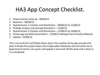 HA3 App Concept Checklist.
1.   Project charter write up – 08/06/12
2.   Research – 08/06/12
3.   Questionnaire 1 Creation and Distribution – 08/06/12 to 11/06/12
4.   Findings Analysis and concept brainstorm – 11/06/12
5.   Questionnaire 2 Creation and Distribution – 11/06/12 to 16/06/12
6.   Create app and pitch presentation – 25/06/12 (delayed due to faulty software)
7.   Upload – 25/06/12

This is my to do list I will follow these step in the creation of my app concept and
pitch it breaks the project down into recognisable milestones and will allow me to
keep track of where I am up to I will update it and mark off the work with a dash as
it is completed.
 