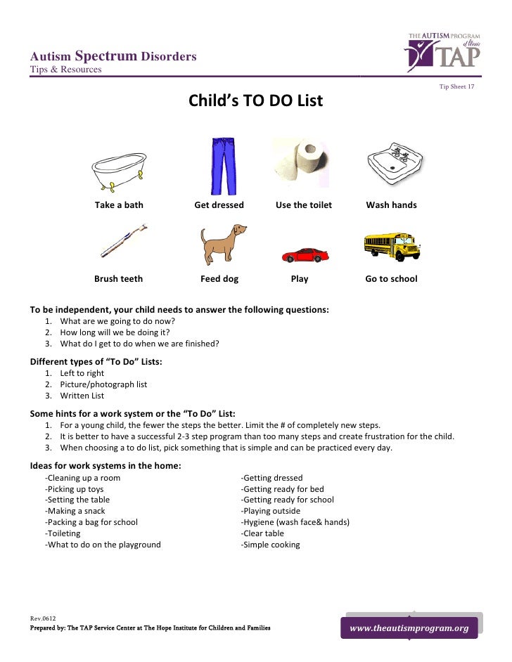tap tip sheet child s to do list