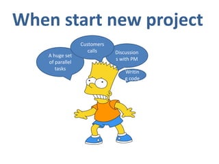 When start new project
Discussion
s with PM
A huge set
of parallel
tasks
Customers
calls
Writin
g code
 