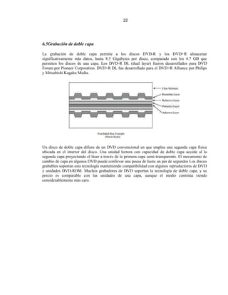 22




6.5Grabación de doble capa

La grabación de doble capa permite a los discos DVD-R y los DVD+R almacenar
significativamente más datos, hasta 8.5 Gigabytes por disco, comparado con los 4.7 GB que
permiten los discos de una capa. Los DVD-R DL (dual layer) fueron desarrollados para DVD
Forum por Pioneer Corporation. DVD+R DL fue desarrollado para el DVD+R Alliance por Philips
y Mitsubishi Kagaku Media.




Un disco de doble capa difiere de un DVD convencional en que emplea una segunda capa física
ubicada en el interior del disco. Una unidad lectora con capacidad de doble capa accede al la
segunda capa proyectando el láser a través de la primera capa semi-transparente. El mecanismo de
cambio de capa en algunos DVD puede conllevar una pausa de hasta un par de segundos Los discos
grabables soportan esta tecnología manteniendo compatibilidad con algunos reproductores de DVD
y unidades DVD-ROM. Muchos grabadores de DVD soportan la tecnología de doble capa, y su
precio es comparable con las unidades de una capa, aunque el medio continúa siendo
considerablemente más caro.
 