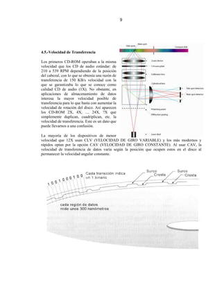 9




4.5.-Velocidad de Transferencia

Los primeros CD-ROM operaban a la misma
velocidad que los CD de audio estándar: de
210 a 539 RPM dependiendo de la posición
del cabezal, con lo que se obtenía una razón de
transferencia de 150 KB/s velocidad con la
que se garantizaba lo que se conoce como
calidad CD de audio (1X). No obstante, en
aplicaciones de almacenamiento de datos
interesa la mayor velocidad posible de
transferencia para lo que basta con aumentar la
velocidad de rotación del disco. Así aparecen
los CD-ROM 2X, 4X, .... 24X, ?X que
simplemente duplican, cuadriplican, etc. la
velocidad de transferencia. Este es un dato que
puede llevarnos a una confusión.

La mayoría de los dispositivos de menor
velocidad que 12X usan CLV (VELOCIDAD DE GIRO VARIABLE) y los más modernos y
rápidos optan por la opción CAV (VELOCIDAD DE GIRO CONSTANTE). Al usar CAV, la
velocidad de transferencia de datos varía según la posición que ocupen estos en el disco al
permanecer la velocidad angular constante.
 