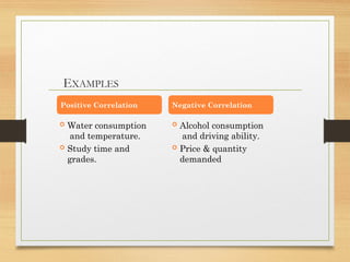 EXAMPLES
Positive Correlation
 Water consumption
and temperature.
 Study time and
grades.
Negative Correlation
 Alcohol consumption
and driving ability.
 Price & quantity
demanded
 