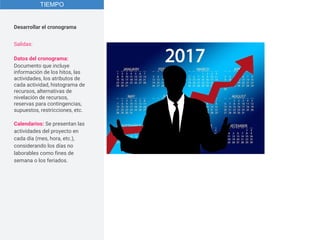Desarrollar el cronograma
TIEMPO
Salidas:
Datos del cronograma:
Documento que incluye
información de los hitos, las
actividades, los atributos de
cada actividad, histograma de
recursos, alternativas de
nivelación de recursos,
reservas para contingencias,
supuestos, restricciones, etc.
Calendarios: Se presentan las
actividades del proyecto en
cada día (mes, hora, etc.),
considerando los días no
laborables como fines de
semana o los feriados.
 