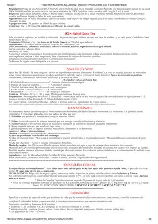 13/4/2017 TODO POR NUESTRA SALUD DXN ( CANCER): PRODUCTOS DXN Y SUS BENEFICIOS
http://ansero13dxn.blogspot.com.es/2014/10/v­behaviorurldefaultvmlo.html 3/8
Preparación Ponga en una bolsa de DXN Nutrizhi con 150 ml de agua tibia y mezclar. Consumir Nutrizhi con frecuencia para cuidar de su salud
DXN Nutrizhi también se puede mezclar con otros productos de DXN Espirulina como cereales, café Lingzhi 3 en 1 y otros.
Etiquetas: anti­cáncer, desarrollo, dieta, es bueno para el corazón, la solución de la salud. medicina natural, hipertensión arterial, problemas
renales, problemas hepáticos, habas de soja, vegetariano. 
Ingredientes: soja en polvo instantáneo, extracto de malta, nata en polvo de origen vegetal, azúcar de caña, Ganoderma Mycelium, Omega 3,
Omega 6, lecitina
Agregue un sobre (30 gramos) en 150ml de agua caliente.
Contienen  30g  x 20 bolsas­Sin colorantes artificiales ni conservantes.
=============================================================
DXN Reishi Gano Tea
Este precioso té orgánico , es alcalino y refrescante , haga un sobre por  mañana, sírvase una  taza de mañana , y así cada poco . Cada bolsa  hace
hasta 8 tazas de té.
Contenido 20 Bolsas x 2g.  Una bolsa de té Reishi Gano ) en 250ml de agua caliente.
Ingredientes: Té verde (Camelia sinensis) Extracto de Ganoderma Gano
 Sin Conservantes, colorantes artificiales, sabores o aromas, aditivos, ingredientes de origen animal .
Lucha contra los radicales libres.
insomnio y el estrés,
Aumenta el sistema inmunológico. Complemento ante enfermedades cardiovasculares reduce el colesterol, hipertensión tiene efectos
anticoagulantes, mejora el flujo sanguíneo y baja el consumo de oxigeno del musculo cardiaco.
Inflamaciones osteoarticulares, tortícolis y constructoras musculares.
Problemas de hígado como la hepatitis y la cirrosis.
=============================================================
Spica Tea (Té Verde
Spica Tea (Té Verde / Té para adelgazar) es rico en ingredientes naturales, Ganoderma Lucidum(GL), (raíz de regaliz), cáscaras de mandarina
secas y otros elementos naturales para ayudar a combatir el calor del cuerpo y limpiar el tracto digestivo. Spica Tea no contiene, cafeína,
conservantes, colorantes ni saborizantes artificiales y es suave en sabor
10 grandes ventajas de Spica Tea:
1. Pérdida de Peso­­­­­­­­­­­­­­­­­­­­­­­­­­­­2. Estimula el sistema inmunológico
3. Reduce el riesgo de diabetes­­­­­­­­­­­­4. Aumenta el aguante
5. Tonifica los músculos y la piel­­­­­­­­­6. anti cancerígeno
7. Lucha contra el envejecimiento­­­­­­­­8. estimulante
9. Desintoxica­­­­­­­­­­­­­­­­­­­­­­­­­­­­­­10. Reduce el colesterol
Contiene : 20 sobres X 5 g.­= 100 g. caja / Mantenga en un lugar fresco y seco
Preparacion­1 bolsita puede hacer hasta 2 litros de té (1 sobre dejar hervir en dos litros de agua (o la cantidad deseada de agua) durante 3 ­5
minutos, retirar la bolsa después de 10­30min disfrutar caliente o frío)
Sin Conservantes , colorantes artificiales , sabores o aromas, aditivos , ingredientes de origen animal .
========================================================================================
DXN MORINZHI
Recientemente hemos descubierto que el Noni estimula dos hormonas principales llamados serotonina y la melatonina. La glándula pineal
controla los 5 principales glándulas otros por debajo de ella, que son:
1.El tiroides que produce la tiroxina para energizar nuestras células.
2.El timo (centro de control del sistema inmune) que nos protege contra las infecciones y el cáncer.
3.El páncreas que se envuelve de azúcar en la sangre y secreción de la hormona insulina. Glándula suprarrenal
4.El que responde cada vez que usted está bajo estrés.
5. glándula primero son los órganos sexuales masculinos y femeninos y sus hormonas.
ventajas :· Alzas el sistema inmune·
 Reduce al mínimo el malestar debido a obstaculizar menstrual
Ayudas en problemas relacionados del estómago· 
Ayudas en bienestar total. Las ayuda y normalizan la presión arterial Salud y movilidad comunes Respuesta Inmuno­estimulante de gran
alcance .
Ayuda a la Digestión ·  Apoya el sistema reproductivo femenino.
Modo de empleo= dos (2) cucharas (Puede tomarse helado mezclado con agua o jugo de naranja o bien tomárselo directamente)
Morinzhi de DXN contiene phytonutrients únicos incluyendo el selenio. Phytonutrients alimenta las células, los tejidos y los órganos de cuerpo.
También ayudan a reducir al mínimo el daño causado por el envejecimiento, los productos químicos dañosos y la contaminación. El selenio es un
antioxidante natural.
ingredientes: jugo de Morinda citrifolia , bebidas de frutas naturales Morinzhi.
SIN Conservantes , colorantes artificiales , sabores o aromas, aditivos , ingredientes de origen animal.
===========================================================================
ESPIRULINA CEREAL
La espirulina es un superalimento "  tiene cinco veces más calcio que la leche, tres veces más proteínas que la carne, el pescado o aves de
corral, 50 veces más hierro que las espinacas .
INGREDIENTES: Trigo, nata de origen vegetal, extracto de malta, Espirulina en polvo, vainilla.(sabor a vainilla) lactosa y Gluten.
Sin colorantes artificiales ni conservantes Mezclar con agua caliente  (70º C ) y listo para consumir también con zumo o con un yogur. Agregue
azúcar al gusto.
* Bolsa de Cereales Espirulina contiene cerca de 20 gramos de trigo y más de 1 g Espirulina 
* Bolsa de Cereales Espirulina contiene un promedio de 8,3 g de fibra , 659,6 mg de sodio , potasio 137,3 mg, 316,4 mg de calcio y 2,7 mg de
hierro, NO CONTIENEN COLESTEROL ATENCIÓN CONTIENE LACTOSA Y GLUTEN
===========================================================
Espirulina dxn
Spirulina es un tipo de alga azul­verde que está lleno de vida que da nutrientes tales como proteínas, beta caroteno, clorofila, vitaminas del
complejo B, minerales, ácidos grasos esenciales y otros importantes nutrientes que nuestro cuerpo necesita.
Nutrientes esenciales y funciones del Espirulina :
* Vitaminas ­ Las vitaminas A, C, E y complejo B, incluyendo vitaminas B12 y B6.
* Varios minerales ­ contiene potasio, calcio, cromo, cobre, hierro, magnesio, manganeso, fósforo, selenio, sodio y zinc.
* Los pigmentos de color    ­Clorofila.
­Ficocianina ­ único color azul­verde puede ayudar a mejorar el sistema inmunológico y tiene propiedades anti­cancerígenas.
 