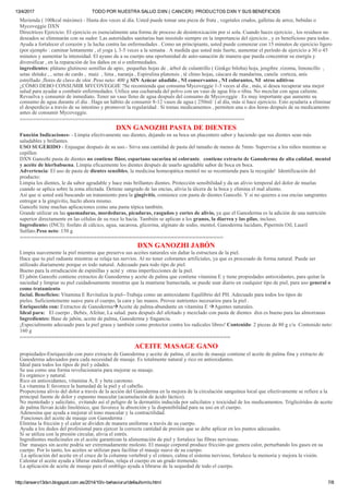 13/4/2017 TODO POR NUESTRA SALUD DXN ( CANCER): PRODUCTOS DXN Y SUS BENEFICIOS
http://ansero13dxn.blogspot.com.es/2014/10/v­behaviorurldefaultvmlo.html 7/8
Merienda ( 100kcal máximo) ­ Hasta dos veces al día. Usted puede tomar una pieza de fruta , vegetales crudos, galletas de arroz, bebidas o
Mycoveggie DXN
Directrices Ejercicio: El ejercicio es esencialmente una forma de proceso de desintoxicación por sí sola. Cuando haces ejercicio , los residuos no
deseados se eliminarán con su sudor. Las autoridades sanitarias han insistido siempre en la importancia del ejercicio , y es beneficioso para todos .
Ayuda a fortalecer el corazón y la lucha contra las enfermedades . Como un principiante, usted puede comenzar con 15 minutos de ejercicio ligero
(por ejemplo : caminar lentamente , el yoga ), 3­5 veces a la semana . A medida que usted más fuerte, aumentar el período de ejercicio a 30 o 45
minutos y aumentar la intensidad. El ayuno da a su cuerpo una oportunidad de auto­sanación de manera que pueda concentrar su energía y
diversificar , en la reparación de los daños en sí o enfermedades.
ingredientes: plátano glutinoso semillas de apio,  pequeñas hojas de , árbol de culantrillo ( Ginkgo biloba) hoja, jengibre .rizoma, limoncillo  ,
setas shitake , , setas de cardo ,  maíz  , lima , naranja , Espirulina platensis , té chino hojas, cáscara de mandarina, canela  corteza, anís
estrellado ,flores de clavo de olor .Peso neto: 400 g SIN Azúcar añadido , NI conservantes , NI colorantes, NI  otros aditivos
¿CÓMO DEBO CONSUMIR MYCOVEGGIE ?Se recomienda que consuma Mycoveggie 1­3 veces al día , más, si desea recuperar una mejor
salud para ayudar a combatir enfermedades. Utilice una cucharada del polvo con un vaso de agua fría o tibia. No mezclar con agua caliente.
Revuelva y consumir de inmediato. Tener un vaso lleno de agua después del consumo de Mycoveggie . Es muy importante que aumente su
consumo de agua durante el día . Haga un hábito de consumir 8­12 vasos de agua ( 250ml/ ) al día, más si hace ejercicio. Esto ayudaría a eliminar
el desperdicio a través de su intestino y promover la regularidad . Si tomas medicamentos , permiten una o dos horas después de su medicamento
antes de consumir Mycoveggie.
=====================================================================
DXN GANOZHI PASTA DE DIENTES
Función Indicaciones­ ­ Limpia efectivamente sus dientes, dejando en su boca un placentero sabor y haciendo que sus dientes sean más
saludables y brillantes.
USO SUGERIDO ­ Enjuague después de su uso.­ Sirva una cantidad de pasta del tamaño de menos de 5mm­ Supervise a los niños mientras se
cepillen
DXN Ganozhi pasta de dientes no contiene flúor, espartano sacarina ni colorante.  contiene extracto de Ganoderma de alta calidad, mentol
y aceite de hierbabuena. Limpia eficazmente los dientes después de usarlo agradable sabor de boca en boca.
Advertencia: El uso de pasta de dientes sensibles, la medicina homeopática mentol no se recomienda para la recogida!  Identificación del
producto:
Limpia los dientes, le da sabor agradable y hace más brillantes dientes. Protección sensibilidad y da un alivio temporal del dolor de muelas
cuando se aplica sobre la zona afectada. Detiene sangrado de las encías, alivia la úlcera de la boca y elimina el mal aliento.
Así que si usted está buscando un tratamiento para la gingivitis, comience con pasta de dientes Ganozhi. Y si no quieres a esa encías sangrantes
entregar a la gingivitis, hazlo ahora mismo.
Ganozhi tiene muchas aplicaciones como una pasta tópica también.
Grande utilizar en las quemaduras, mordeduras, picaduras, rasguños y cortes de alivio, ya que el Ganoderma es la adición de una nutrición
superior directamente en las células de su roce lo hacía. También se aplican a los granos, la diarrea y las pilas, incluso.
Ingredientes (INCI): fosfato di cálcico, agua, sacarosa, glicerina, alginato de sodio, mentol, Ganoderma lucidum, Pipermín Oíl, Lauril
Sulfato.Peso neto: 150 g
==========================================================
DXN GANOZHI JABÓN
Limpia suavemente la piel mientras que preserva sus aceites naturales sin dañar la estructura de la piel.
Hace que tu piel radiante mientras se relaja tus nervios. Al no tener colorantes artificiales, ya que es procesado de forma natural. Puede ser
utilizado diariamente porque es todo natural. Adecuado para todo tipo de piel.
Bueno para la erradicación de espinillas y acné y  otras imperfecciones de la piel.
El jabón Ganozhi contiene extractos de Ganoderma y aceite de palma que contiene vitamina E y tiene propiedades antioxidantes, para quitar la
suciedad y limpiar su piel cuidadosamente mientras que la mantiene humectada, se puede usar diario en cualquier tipo de piel, para uso general o
como tratamiento
facial. Beneficios: Vitamina E Revitaliza la piel­­Trabaja como un antioxidante Equilibrio del PH. Adecuado para todos los tipos de
pieles. Suficientemente suave para el cuerpo, la cara y las manos. Provee nutrientes necesarios para la piel .
Enriquecido con: Extractos de GanodermaAceite de palma­abundante en vitamina E Agentes naturales.
Ideal para:   El cuerpo , Bebés, Afeitar, La salud. para después del afeitado y mezclado con pasta de dientes  dxn es bueno para las almorranas
Ingredientes: Base de jabón, aceite de palma, Ganoderma y fragancia.
¡Especialmente adecuado para la piel grasa y también como protector contra los radicales libres! Contenido: 2 piezas de 80 g c/u  Contenido neto:
160 g
============================================================
ACEITE MASAGE GANO
propiedades­Enriquecido con puro extracto de Ganoderma y aceite de palma, el aceite de masaje contiene el aceite de palma fina y extracto de
Ganoderma adecuados para cada necesidad de masaje. Es totalmente natural y rico en antioxidantes.
Ideal para todos los tipos de piel y edades.
Se usa como una forma revolucionaria para mejorar su masaje.
Es orgánico y natural.
Rico en antioxidantes, vitamina A, E y beta caroteno.
La vitamina E favorece la humedad de la piel y el cabello.
Proporciona alivio del dolor a través de la acción del Ganoderma en la mejora de la circulación sanguínea local que efectivamente se refiere a la
principal fuente de dolor y espasmo muscular (acumulación de ácido láctico).
No mentolado y salicilato,  evitando así el peligro de la dermatitis inducida por salicilatos y toxicidad de los medicamentos. Triglicéridos de aceite
de palma llevan ácido linolénico, que favorece la absorción y la disponibilidad para su uso en el cuerpo.
Adenosina que ayuda a mejorar el tono muscular y la contractilidad.
 Funciones del aceite de masaje con Ganoderma :
Elimina la fricción y el calor se dividen de manera uniforme a través de su cuerpo.
Ayuda a los dedos del profesional para ejercer la correcta cantidad de presión que se debe aplicar en los puntos adecuados.
Si se utiliza con la presión circular, alivia el estrés.
Ingredientes medicinales en el aceite garantizan la alimentación de piel y fortalece las fibras nerviosas.
Dar  masajes sin aceite podría ser extremadamente molesto. El masaje corporal produce fricción que genera calor, perturbando los gases en su
cuerpo. Por lo tanto, los aceites se utilizan para facilitar el masaje suave de su cuerpo.
 La aplicación del aceite en el cruce de la columna vertebral y el cráneo, calma el sistema nervioso, fortalece la memoria y mejora la visión.
Calentar el aceite ayuda a liberar endorfinas, relaja el cuerpo en un grado tremendo.
La aplicación de aceite de masaje para el ombligo ayuda a librarse de la sequedad de todo el cuerpo.
Las heridas o quemaduras, calambres y piel sensible o alergias, son problemas comunes de hoy en día. Para resolver estos problemas sólo aplique
 