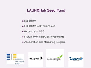 LAUNCHub Seed Fund 
▪ EUR 9MM
▪ EUR 3MM in 35 companies
▪ 6 countries - CEE
▪ > EUR 4MM Follow on Investments
▪ Accelerati...
