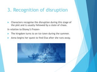 3. Recognition of disruption
 Characters recognise the disruption during this stage of
the plot and is usually followed by a state of chaos.
In relation to Disney’s Frozen-
 The kingdom turns to an ice town during the summer.
 Anna begins her quest to find Elsa after she runs away.
 