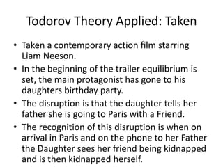 Todorov Theory Applied: Taken<br />Taken a contemporary action film starring Liam Neeson.<br />In the beginning of the tra...