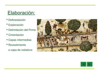 Elaboración: Deforestación Explanación Delimitación del Firme Cimentación Capas intermedias Revestimiento o capa de rodadura 