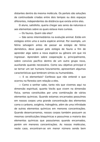 distantes dentro da mesma molécula. Os portais são soluções
de continuidade criadas entre dois tempos ou dois espaços
diferentes, independentes da distância que exista entre eles.
   O aluno, satisfeito, queria chegar aos seres da natureza e
aos elementais sobre os quais estava mais curioso.
   — Os faunos. Quem são eles?
   — São seres intermediários na evolução animal. Estão em
estágios entre uma e outra espécie animal. Por exemplo, um
felino selvagem antes de passar ao estágio de felino
doméstico, deve passar pelo estágio de fauno a fim de
aprender algo sobre a nova espécie ou gênero em que irá
ingressar. Aprendem sobre cooperação e, principalmente,
sobre convívio pacífico dentro de um outro grupo novo,
auxiliando quando necessário. Como seu objetivo principal é
se tornar um ser humano futuramente, apresentam algumas
características que lembram símios ou humanóides.
   — E os elementais? Confesso que não entendi o que
ocorreu na floresta com relação a eles.
   — Como o senhor sabe, tanto nós que vivemos aqui na
dimensão espiritual, quanto Vocês que vivem na dimensão
física, somos constituídos por uma combinação de vários
elementos químicos. Quando estamos encarnados possuímos
em nossos corpos uma grande concentração dos elementos
como o carbono, oxigênio, hidrogênio, além de uma infinidade
de outros elementos químicos em menores concentrações.
Quando desencarnamos, nossos corpos também possuem as
mesmas constituições bioquímicas e possuímos a maioria dos
elementos químicos que possuíamos quando encarnados,
porém em menores concentrações. As nossas moléculas,
neste caso, encontram-se em menor número sendo bem
 