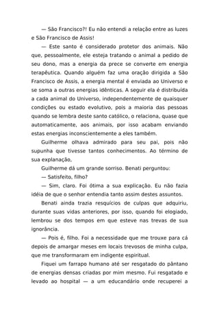 — São Francisco?! Eu não entendi a relação entre as luzes
e São Francisco de Assis!
    — Este santo é considerado protetor dos animais. Não
que, pessoalmente, ele esteja tratando o animal a pedido de
seu dono, mas a energia da prece se converte em energia
terapêutica. Quando alguém faz uma oração dirigida a São
Francisco de Assis, a energia mental é enviada ao Universo e
se soma a outras energias idênticas. A seguir ela é distribuída
a cada animal do Universo, independentemente de quaisquer
condições ou estado evolutivo, pois a maioria das pessoas
quando se lembra deste santo católico, o relaciona, quase que
automaticamente, aos animais, por isso acabam enviando
estas energias inconscientemente a eles também.
    Guilherme olhava admirado para seu pai, pois não
supunha que tivesse tantos conhecimentos. Ao término de
sua explanação,
    Guilherme dá um grande sorriso. Benati perguntou:
    — Satisfeito, filho?
    — Sim, claro. Foi ótima a sua explicação. Eu não fazia
idéia de que o senhor entendia tanto assim destes assuntos.
    Benati ainda trazia resquícios de culpas que adquiriu,
durante suas vidas anteriores, por isso, quando foi elogiado,
lembrou se dos tempos em que esteve nas trevas de sua
ignorância.
    — Pois é, filho. Foi a necessidade que me trouxe para cá
depois de amargar meses em locais trevosos de minha culpa,
que me transformaram em indigente espiritual.
    Fiquei um farrapo humano até ser resgatado do pântano
de energias densas criadas por mim mesmo. Fui resgatado e
levado ao hospital — a um educandário onde recuperei a
 