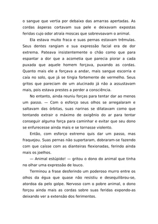 o sangue que vertia por debaixo das amarras apertadas. As
cordas ásperas cortavam sua pele e deixavam expostas
feridas cujo odor atraía moscas que sobrevoavam o animal.
   Ela estava muito fraca e suas pernas estavam trêmulas.
Seus dentes rangiam e sua expressão facial era de dor
extrema. Pateava insistentemente o chão como que para
espantar a dor que a acometia que parecia piorar a cada
puxada que aquele homem forçava, puxando as cordas.
Quanto mais ele a forçava a andar, mais sangue escorria e
caía no solo, que já se tingia fortemente de vermelho. Seus
gritos que pareciam de um alucinado já não a assustavam
mais, pois estava prestes a perder a consciência.
   No entanto, ainda reuniu forças para tentar dar ao menos
um passo. — Com o esforço seus olhos se arregalaram e
saltavam das órbitas, suas narinas se dilatavam como que
tentando extrair o máximo de oxigênio do ar para tentar
conseguir alguma força para caminhar e evitar que seu dono
se enfurecesse ainda mais e se tornasse violento.
   Então, com esforço extremo quis dar um passo, mas
fraquejou. Suas pernas não suportaram, dobraram-se fazendo
com que caísse com as dianteiras flexionadas, ferindo ainda
mais os joelhos.
   — Animal estúpido! — gritou o dono do animal que tinha
no olhar uma expressão de louco.
   Terminou a frase desferindo um poderoso murro entre os
olhos da égua que quase não resistiu e desequilibrou-se,
atordoa da pelo golpe. Nervoso com o pobre animal, o dono
forçou ainda mais as cordas sobre suas feridas expondo-as
deixando ver a extensão dos ferimentos.
 