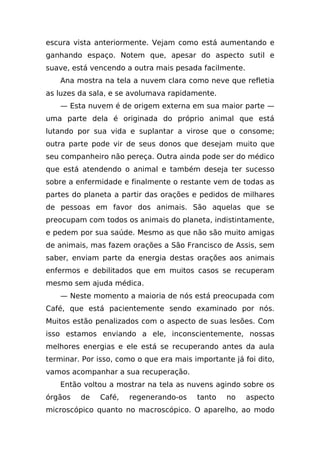 escura vista anteriormente. Vejam como está aumentando e
ganhando espaço. Notem que, apesar do aspecto sutil e
suave, está vencendo a outra mais pesada facilmente.
    Ana mostra na tela a nuvem clara como neve que refletia
as luzes da sala, e se avolumava rapidamente.
    — Esta nuvem é de origem externa em sua maior parte —
uma parte dela é originada do próprio animal que está
lutando por sua vida e suplantar a virose que o consome;
outra parte pode vir de seus donos que desejam muito que
seu companheiro não pereça. Outra ainda pode ser do médico
que está atendendo o animal e também deseja ter sucesso
sobre a enfermidade e finalmente o restante vem de todas as
partes do planeta a partir das orações e pedidos de milhares
de pessoas em favor dos animais. São aquelas que se
preocupam com todos os animais do planeta, indistintamente,
e pedem por sua saúde. Mesmo as que não são muito amigas
de animais, mas fazem orações a São Francisco de Assis, sem
saber, enviam parte da energia destas orações aos animais
enfermos e debilitados que em muitos casos se recuperam
mesmo sem ajuda médica.
    — Neste momento a maioria de nós está preocupada com
Café, que está pacientemente sendo examinado por nós.
Muitos estão penalizados com o aspecto de suas lesões. Com
isso estamos enviando a ele, inconscientemente, nossas
melhores energias e ele está se recuperando antes da aula
terminar. Por isso, como o que era mais importante já foi dito,
vamos acompanhar a sua recuperação.
    Então voltou a mostrar na tela as nuvens agindo sobre os
órgãos   de   Café,   regenerando-os     tanto   no    aspecto
microscópico quanto no macroscópico. O aparelho, ao modo
 