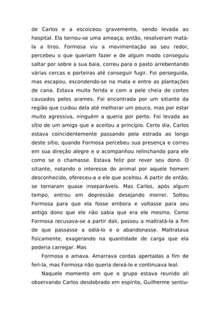 de Carlos e a escoiceou gravemente, sendo levada ao
hospital. Ela tornou-se uma ameaça; então, resolveram matá-
la a tiros. Formosa viu a movimentação ao seu redor,
percebeu o que queriam fazer e de algum modo conseguiu
saltar por sobre a sua baia, correu para o pasto arrebentando
várias cercas e porteiras até conseguir fugir. Foi perseguida,
mas escapou, escondendo-se na mata e entre as plantações
de cana. Estava muito ferida e com a pele cheia de cortes
causados pelos arames. Foi encontrada por um sitiante da
região que cuidou dela até melhorar um pouco, mas por estar
muito agressiva, ninguém a queria por perto. Foi levada ao
sítio de um amigo que a aceitou a princípio. Certo dia, Carlos
estava coincidentemente passando pela estrada ao longo
deste sítio, quando Formosa percebeu sua presença e correu
em sua direção alegre e o acompanhou relinchando para ele
como se o chamasse. Estava feliz por rever seu dono. O
sitiante, notando o interesse do animal por aquele homem
desconhecido, ofereceu-a a ele que aceitou. A partir de então,
se tornaram quase inseparáveis. Mas Carlos, após algum
tempo, entrou em depressão desejando morrer. Soltou
Formosa para que ela fosse embora e voltasse para seu
antigo dono que ele não sabia que era ele mesmo. Como
Formosa recusava-se a partir dali, passou a maltratá-la a fim
de que passasse a odiá-lo e o abandonasse. Maltratava
fisicamente, exagerando na quantidade de carga que ela
poderia carregar. Mas
    Formosa o amava. Amarrava cordas apertadas a fim de
feri-la, mas Formosa não queria deixá-lo e continuava leal.
    Naquele momento em que o grupo estava reunido ali
observando Carlos desdobrado em espírito, Guilherme sentiu-
 