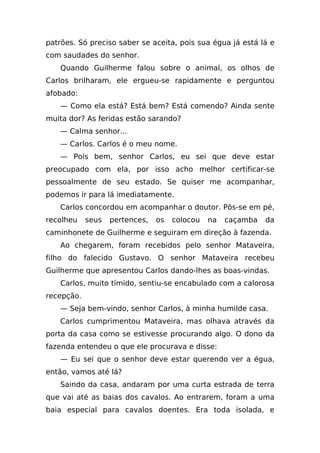 patrões. Só preciso saber se aceita, pois sua égua já está lá e
com saudades do senhor.
    Quando Guilherme falou sobre o animal, os olhos de
Carlos brilharam, ele ergueu-se rapidamente e perguntou
afobado:
    — Como ela está? Está bem? Está comendo? Ainda sente
muita dor? As feridas estão sarando?
    — Calma senhor...
    — Carlos. Carlos é o meu nome.
    — Pois bem, senhor Carlos, eu sei que deve estar
preocupado com ela, por isso acho melhor certificar-se
pessoalmente de seu estado. Se quiser me acompanhar,
podemos ir para lá imediatamente.
    Carlos concordou em acompanhar o doutor. Pôs-se em pé,
recolheu    seus   pertences,   os   colocou   na   caçamba   da
caminhonete de Guilherme e seguiram em direção à fazenda.
    Ao chegarem, foram recebidos pelo senhor Mataveira,
filho do falecido Gustavo. O senhor Mataveira recebeu
Guilherme que apresentou Carlos dando-lhes as boas-vindas.
    Carlos, muito tímido, sentiu-se encabulado com a calorosa
recepção.
    — Seja bem-vindo, senhor Carlos, à minha humilde casa.
    Carlos cumprimentou Mataveira, mas olhava através da
porta da casa como se estivesse procurando algo. O dono da
fazenda entendeu o que ele procurava e disse:
    — Eu sei que o senhor deve estar querendo ver a égua,
então, vamos até lá?
    Saindo da casa, andaram por uma curta estrada de terra
que vai até as baias dos cavalos. Ao entrarem, foram a uma
baia especial para cavalos doentes. Era toda isolada, e
 
