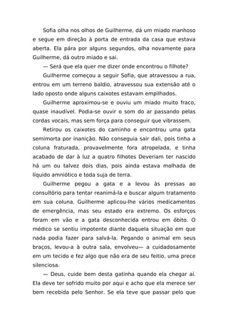Sofia olha nos olhos de Guilherme, dá um miado manhoso
e segue em direção à porta de entrada da casa que estava
aberta. Ela pára por alguns segundos, olha novamente para
Guilherme, dá outro miado e sai.
    — Será que ela quer me dizer onde encontrou o filhote?
    Guilherme começou a seguir Sofia, que atravessou a rua,
entrou em um terreno baldio, atravessou sua extensão até o
lado oposto onde alguns caixotes estavam empilhados.
    Guilherme aproximou-se e ouviu um miado muito fraco,
quase inaudível. Podia-se ouvir o som do ar passando pelas
cordas vocais, mas sem força para conseguir que vibrassem.
    Retirou os caixotes do caminho e encontrou uma gata
semimorta por inanição. Não conseguia sair dali, pois tinha a
coluna fraturada, provavelmente fora atropelada, e tinha
acabado de dar à luz a quatro filhotes Deveriam ter nascido
há um ou talvez dois dias, pois ainda estava molhada de
líquido amniótico e toda suja de terra.
    Guilherme pegou a gata e a levou às pressas ao
consultório para tentar reanimá-la e buscar algum tratamento
em sua coluna. Guilherme aplicou-lhe vários medicamentos
de emergência, mas seu estado era extremo. Os esforços
foram em vão e a gata desconhecida entrou em óbito. O
médico se sentiu impotente diante daquela situação em que
nada podia fazer para salvá-la. Pegando o animal em seus
braços, levou-a à outra sala, envolveu— a cuidadosamente
em um tecido e fez algo que não era de seu feitio, uma prece
silenciosa.
    — Deus, cuide bem desta gatinha quando ela chegar aí.
Ela deve ter sofrido muito por aqui e acho que ela merece ser
bem recebida pelo Senhor. Se ela teve que passar pelo que
 
