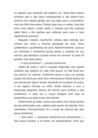 ou alguém que somente ele poderia ver. Dona Elza estava
achando que o cão havia enlouquecido e não queria ficar
sozinha com aquele perigo, por isso ligou para o consultório,
mas seu filho não estava. Tentou ligar para o celular, mas não
tinha sinal algum, então, pediu à Cláudia que lhe avisasse
sobre Bons e lhe pedisse que voltasse para casa o mais
rapidamente possível.
   Naquele instante, Guilherme voltava pela estrada que
cortava por entre a enorme plantação de cana. Eram
quilômetros e quilômetros de cana. Repentinamente, ouve-se
um estrondo e Guilherme quase perde o controle de seu
veículo, que derrapou e quase entrou no canavial. O susto foi
grande, mas nada sofreu.
   — O que aconteceu? — pensou Guilherme.
   Pálido de susto e com o coração disparado com aquele
acidente que poderia ter sido mais grave, se não fosse por
sua perícia no volante, Guilherme parou e deu um grande
suspiro de alívio por estar bem. Permaneceu imóvel dentro de
seu veículo por algum tempo, tentando se recuperar do susto,
e em alguns minutos se refez. Ainda trêmulo e com a
respiração ofegante, desceu do veículo para verificar o que
acontecera, e qual era a causa daquele som que se
assemelhava ao estouro de uma bomba.
   Observando ao redor, notou uma tábua com várias pontas
de aço perfurantes que, coberta pela poeira da estrada, ficou
camuflada. Provavelmente, foi a causa do estouro dos dois
pneus dianteiros.
   — Que azar! — exclamou Guilherme em pensamento —
dois pneus furados, e só tenho um sobressalente. Terei que
 