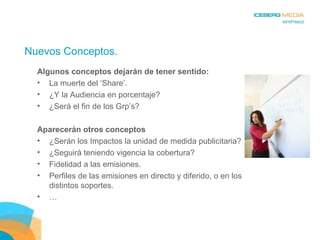 Nuevos Conceptos. Algunos conceptos dejarán de tener sentido: La muerte del ‘Share’. ¿Y la Audiencia en porcentaje?  ¿Será el fin de los Grp’s?  Aparecerán otros conceptos ¿Serán los Impactos la unidad de medida publicitaria? ¿Seguirá teniendo vigencia la cobertura? Fidelidad a las emisiones. Perfiles de las emisiones en directo y diferido, o en los distintos soportes. … 