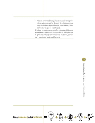 - Fase de construcción conjunta de acuerdos o negocia-
   ción propiamente dicha: después de reflexionar sobre
   los puntos de encuentro se firman los acuerdos y com-
   promisos a los que se haya llegado.
El trabajo en equipo es una de las estrategias básicas de
esta experiencia así como son centrales los principios que
la guían: neutralidad, confidencialidad, prudencia, concor-
dia y respeto por la dignidad humana.




                                                              115




                                                              las experiencias que han iniciado un importante camino
 