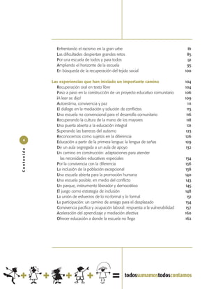 Enfrentando el racismo en la gran urbe                                    81
               Las dificultades despiertan grandes retos                                 85
               Por una escuela de todos y para todos                                     91
               Ampliando el horizonte de la escuela                                      95
               En búsqueda de la recuperación del tejido social                         100

            Las experiencias que han iniciado un importante camino                      104
              Recuperación oral en texto libre                                          104
              Paso a paso en la construcción de un proyecto educativo comunitario       106
              ¡A leer se dijo!                                                          109
              Autoestima, convivencia y paz                                                111
              El diálogo en la mediación y solución de conflictos                         113
              Una escuela no convencional para el desarrollo comunitario                 116
              Recuperando la cultura de la mano de los mayores                           118
              Una puerta abierta a la educación integral                                  121
              Superando las barreras del autismo                                         123
              Reconocernos como sujetos en la diferencia                                126
 4
              Educación a partir de la primera lengua: la lengua de señas               129
              De un aula segregada a un aula de apoyo                                    132
Contenido




              Un camino en construcción: adaptaciones para atender
                las necesidades educativas especiales                                   134
              Por la convivencia con la diferencia                                      136
              La inclusión de la población excepcional                                  138
              Una escuela abierta para la promoción humana                              140
              Una escuela posible, en medio del conflicto                               143
              Un parque, instrumento liberador y democrático                            145
              El juego como estrategia de inclusión                                     148
              La unión de esfuerzos de lo no-formal y lo formal                           151
              La participación: un camino de arraigo para el desplazado                 154
              Convivencia pacífica y ocupación laboral: respuesta a la vulnerabilidad    157
              Aceleración del aprendizaje y mediación afectiva                          160
              Ofrecer educación a donde la escuela no llega                             162
 
