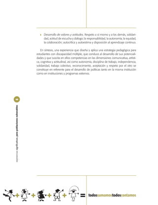 ❚   Desarrollo de valores y actitudes. Respeto a sí mismo y a los demás, solidari-
                                                                   dad, actitud de escucha y diálogo; la responsabilidad, la autonomía, la equidad,
                                                                   la colaboración; autocrítica y autoestima y disposición al aprendizaje continuo.

                                                                En síntesis, una experiencia que diseña y aplica una estrategia pedagógica para
                                                            estudiantes con discapacidad múltiple, que conduce al desarrollo de sus potenciali-
                                                            dades y que suscita en ellos competencias en las dimensiones comunicativa, artísti-
                                                            ca, cognitiva y actitudinal, así como autonomía, disciplina de trabajo, independencia,
                                                            solidaridad, trabajo colectivo, reconocimiento, aceptación y respeto por el otro se
                                                            constituye en referente para el desarrollo de políticas tanto en la misma institución
                                                            como en instituciones y programas externos.




46
experiencias significativas, para poblaciones vulnerables
 