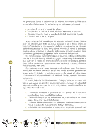 res productivos, donde el desarrollo de sus talentos fundamente su vida social,
                                                            enmarcada en la interacción del ser humano y sus realizaciones, a través de:

                                                               ❚   La cultura: la persona, el mundo, los valores.
                                                               ❚   La naturaleza: la creación, el futuro, la dinámica evolutiva, el desarrollo.
                                                               ❚   Consigo mismos: las cosas, la sociedad, la libertad, la economía, el poder.
                                                               ❚   Con Dios: la fe, la gracia y la Iglesia.

                                                                Se propone el uso de la metodología activa, basada en el desarrollo de las competen-
                                                            cias y los estándares, para todas las áreas, a las cuales se les se definen criterios de
                                                            desempeño ajustados a las necesidades del estudiante. La media técnica, que integra los
                                                            conocimientos teóricos y la praxis, trabaja con un modelo que permite el aprendizaje
                                                            creativo, activo y centrado en el educando, así brinda una formación en valores éticos,
                                                            democráticos y participativos y respeta sus ritmos individuales de aprendizaje.
                                                                Dos herramientas de vital importancia para el desarrollo pedagógico de la institu-
                                                            ción son el diario de campo y el diario pedagógico. Estas estrategias de trabajo en el
                                                            aula favorecen el proceso de aprendizaje: prensa-escuela, noti-ecológico, periódico
78
                                                            mural, salidas pedagógicas, actividades grupales, seminarios, concursos, debates y
                                                            mesas redondas, entre otras.
experiencias significativas, para poblaciones vulnerables




                                                                El contacto permanente con los padres de familia se logra a través de entrevistas
                                                            individuales, encuentros formativos, escuela para padres, reuniones generales o en
                                                            grupos, visitas domiciliarias y el contrato pedagógico o disciplinario, el cual se elabora
                                                            conjuntamente con los estudiantes y los padres de familia y se evalúa de manera
                                                            permanente.
                                                                En síntesis, la Fundación Educativa Instituto Ecológico Barbacoas es una escuela
                                                            para la vida, donde se aprende y se crece como seres humanos en solidaridad,
                                                            tolerancia, equidad y amor. Articula el trío etnia, valores y naturaleza mediante los
                                                            siguientes intereses básicos:

                                                               ❚   La valoración, aceptación y apropiación de cada persona de la comunidad
                                                                   afrocolombiana de su identidad étnicocultural.
                                                               ❚   La formación integral que se complementa con la educación en los valores
                                                                   propios de su etnia y su contexto familiar.
                                                               ❚   La defensa, conservación y protección del entorno, con la responsabilidad que
                                                                   implica el cuidado del medio ambiente de hoy y de mañana.
                                                               ❚   La formación para amar y valorar la vida como un medio para alcanzar la paz.
 