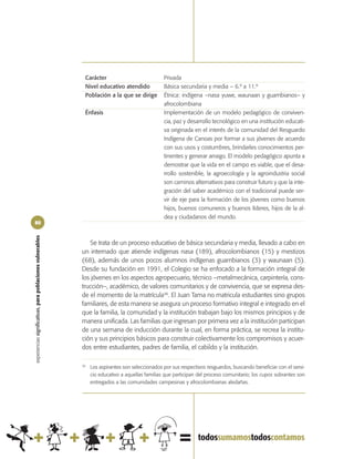 Carácter                             Privada
                                                             Nivel educativo atendido             Básica secundaria y media – 6.º a 11.º
                                                             Población a la que se dirige         Étnica: indígena –nasa yuwe, waunaan y guambianos– y
                                                                                                  afrocolombiana
                                                             Énfasis                              Implementación de un modelo pedagógico de conviven-
                                                                                                  cia, paz y desarrollo tecnológico en una institución educati-
                                                                                                  va originada en el interés de la comunidad del Resguardo
                                                                                                  Indígena de Canoas por formar a sus jóvenes de acuerdo
                                                                                                  con sus usos y costumbres, brindarles conocimientos per-
                                                                                                  tinentes y generar arraigo. El modelo pedagógico apunta a
                                                                                                  demostrar que la vida en el campo es viable, que el desa-
                                                                                                  rrollo sostenible, la agroecología y la agroindustria social
                                                                                                  son caminos alternativos para construir futuro y que la inte-
                                                                                                  gración del saber académico con el tradicional puede ser-
                                                                                                  vir de eje para la formación de los jóvenes como buenos
                                                                                                  hijos, buenos comuneros y buenos líderes, hijos de la al-
                                                                                                  dea y ciudadanos del mundo.
80
experiencias significativas, para poblaciones vulnerables




                                                               Se trata de un proceso educativo de básica secundaria y media, llevado a cabo en
                                                            un internado que atiende indígenas nasa (189), afrocolombianos (15) y mestizos
                                                            (68), además de unos pocos alumnos indígenas guambianos (3) y waunaan (5).
                                                            Desde su fundación en 1991, el Colegio se ha enfocado a la formación integral de
                                                            los jóvenes en los aspectos agropecuario, técnico –metalmecánica, carpintería, cons-
                                                            trucción–, académico, de valores comunitarios y de convivencia, que se expresa des-
                                                            de el momento de la matrícula36. El Juan Tama no matricula estudiantes sino grupos
                                                            familiares, de esta manera se asegura un proceso formativo integral e integrado en el
                                                            que la familia, la comunidad y la institución trabajan bajo los mismos principios y de
                                                            manera unificada. Las familias que ingresan por primera vez a la institución participan
                                                            de una semana de inducción durante la cual, en forma práctica, se recrea la institu-
                                                            ción y sus principios básicos para construir colectivamente los compromisos y acuer-
                                                            dos entre estudiantes, padres de familia, el cabildo y la institución.

                                                            36
                                                                 Los aspirantes son seleccionados por sus respectivos resguardos, buscando beneficiar con el servi-
                                                                 cio educativo a aquellas familias que participan del proceso comunitario; los cupos sobrantes son
                                                                 entregados a las comunidades campesinas y afrocolombianas aledañas.
 