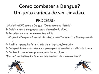 Como combater a Dengue?
      Um jeito carioca de ser cidadão.
                         PROCESSO
 1-Assistir o DVD sobre a Dengue: “Contando uma história”
2- Dividir a turma em grupos para a discussão do vídeo.
3- Pesquisar na internet e em outras mídia:
   -O que é a Dengue – Transmissão -Sintomas – Tratamento - Como prevení-
    la .
4- Analisar a pesquisa feita através de uma produção escrita.
5- Composição de uma música por grupo para se escolher a melhor da turma.
6- Confecção de cartazes pra se apresentar no bloco :
“Ala da Conscientização- Fazendo folia em favor do meio ambiente”
 