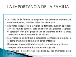 A través de la familia se adquieren los primeros modelos de comportamiento,  influenciados por el entorno . Los niños expuestos a la violencia familiar, pueden aprender a ver el mundo como si sólo existieran dos papeles : agresor y agredido. Por ello, pueden ver la violencia como la única alternativa a verse  convertido en víctima.  Esta violencia contribuye a deteriorar la interacción familiar y el comportamiento del niño en otros entornos: Disminuye la posibilidad de establecer relaciones positivas. Se repite crónicamente, haciéndose más grave.  Se extiende  a las diversas relaciones que los miembros de la familia mantienen. 