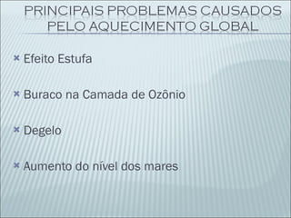 Efeito Estufa Buraco na Camada de Ozônio Degelo Aumento do nível dos mares 