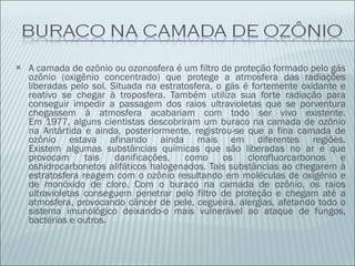 A camada de ozônio ou ozonosfera é um filtro de proteção formado pelo gás ozônio (oxigênio concentrado) que protege a atmosfera das radiações liberadas pelo sol. Situada na estratosfera, o gás é fortemente oxidante e reativo se chegar à troposfera. Também utiliza sua forte radiação para conseguir impedir a passagem dos raios ultravioletas que se porventura chegassem à atmosfera acabariam com todo ser vivo existente. Em 1977, alguns cientistas descobriram um buraco na camada de ozônio na Antártida e ainda, posteriormente, registrou-se que a fina camada de ozônio estava afinando ainda mais em diferentes regiões. Existem algumas substâncias químicas que são liberadas no ar e que provocam tais danificações, como os clorofluorcarbonos e oshidrocarbonetos alifáticos halogenados. Tais substâncias ao chegarem à estratosfera reagem com o ozônio resultando em moléculas de oxigênio e de monóxido de cloro. Com o buraco na camada de ozônio, os raios ultravioletas conseguem penetrar pelo filtro de proteção e chegam até a atmosfera, provocando câncer de pele, cegueira, alergias, afetando todo o sistema imunológico deixando-o mais vulnerável ao ataque de fungos, bactérias e outros. 