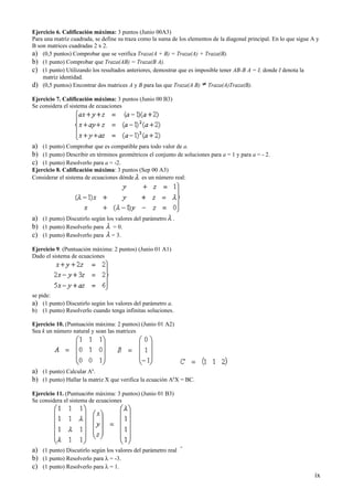 Ejercicio 6. Calificación máxima: 3 puntos (Junio 00A3)
Para una matriz cuadrada, se define su traza como la suma de los e...