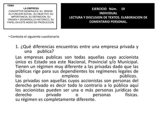 TEMA LA EMPRESACONCEPTOS GENERALES. SU  MISION. SU FUNCION SOCIAL. SU OBJETIVO. SU IMPORTANCIA. SU DEFINICION. SU ORIGEN Y DESARROLLO HISTORICO. SU PAPEL EN ESTE MODO DE PRODUCCION.EJERCICIO   Núm.     15INDIVIDUALLECTURA Y DISCUSION DE TEXTOS. ELABORACION DE COMENTARIO PERSONAL.Samuel Moore Walton  fue un hombre de negocios estadounidense y el empresario nacido en Kingfisher Oklahoma, que fundaron dos de las tiendas minoristas más importantes de Estados Unidos Wal-Mart y Sam's.En 1937, al dejar el ejército, Walton decidió que quería abrir una tienda departamental que además, vendiera mercancía variada como abarrotes y productos de limpieza. Con la ayuda de su suegro, quien le prestó $20,000 y sus ahorros de soldado, $5,000, Walton compró una tienda de abarrotes en Newport, Arkansas. La tienda era una franquicia de la cadena Butler Brothers.Fue aquí donde Walton innovó muchos conceptos que probarían ser cruciales en su éxito, por ejemplo, se aseguró de que los anaqueles estuvieran repletos de un amplio rango de productos a precios bajos. También cerraba su negocio más tarde que otras tiendas, especialmente durante la época navideña. También fue pionero en la práctica de rebajar mercancía comprando lotes completos a los proveedores más económicos. Esto le permitió ofrecer un ahorro a sus clientes, lo que se tradujo en un aumento de las ventas