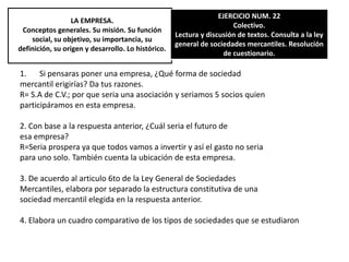 TEMA LA EMPRESACONCEPTOS GENERALES. SU  MISION. SU FUNCION SOCIAL. SU OBJETIVO. SU IMPORTANCIA. SU DEFINICION. SU ORIGEN Y DESARROLLO HISTORICO. SU PAPEL EN ESTE MODO DE PRODUCCION.EJERCICIO   Núm.     19INDIVIDUALLECTURA Y DISCUSION DE TEXTOS. ELABORACION DE COMENTARIO PERSONAL.2. Elabora otro listado con cinco empresas del sector manufacturero nacionalCemex Fábrica de Chocolates la AztecaMasecaMoto IsloPascual BoingSelther3. Elabora otro listado con cinco empresas del sector terciario de la economía grupo mayan palaceHoteles hilton,IBOPE (agencia de ratings y esas cosas) Grupo CinepolisHSBC