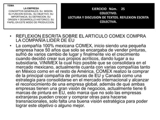 TEMA LA EMPRESACONCEPTOS GENERALES. SU  MISION. SU FUNCION SOCIAL. SU OBJETIVO. SU IMPORTANCIA. SU DEFINICION. SU ORIGEN Y DESARROLLO HISTORICO. SU PAPEL EN ESTE MODO DE PRODUCCION.EJERCICIO   Núm.24COLECTIVO.LECTURA Y DISCUSION DE TEXTOS. ELABORACION DE LISTADO COMPARATIVO.Comparativo  (las 25 empresas mas admiradas del mundo, y las 25 empresas mas grandes)¿Qué empresas aparecen en las dos listas?     GENERAL ELECTRIC,AT&T,HEWLETT-PACKARD, MERRILL LYNCH,IBM2.	Ofrece una opinión argumentada para cada una.     GE-es una empresa grade debido a que los productos que ofrece son electrodomésticos principalmente.     AT&T- al igual que TELCEL en México, esta es la principal red de telefonía celular mas importante de EU.     HEWLETT-PACKARD-ha logrado destacarse en crear computadoras de calidad y de gran eficiencia.     MERRILL LYNCH-empresa financiera que ha sabido moverse en lo que respecta a los valores y finanzas      IBM-al igual que HP ha hecho productos de calidad además de ser mas antigua que esta. 