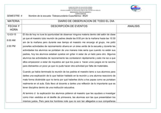 SUBSECRETARÍA DE EDUCACIÓN NORMAL
DEPARTAMENTO DE EDUCACIÓN NORMAL
ESCUELA NORMAL DE EDUCACIÓN PÚBLICA DEL ESTADO DE HIDALGO
OBSERVACION Y PRACTICA DOCENTE II
CUARTO SEMESTRE
SEMESTRE: 4 Nombre de la escuela: Telesecundaria Cuauhtémoc #520
MATERIA: DIARIO DE OBSERVACION DE TODO EL DIA
FECHA Y
HORA
DESCRIPCIÓN DE EVENTOS ANALISIS
12-03-15
8:00 AM
2:00 PM
El día de hoy no tuve la oportunidad de observar ninguna materia dentro del salón de clase
ya que el maestro tubo reunión de padres desde las 8:00 pm de la mañana hasta las 10:30
am de la mañana pero durante ese tiempo el maestro me encargo al grupo, me pidió
ponerles actividades de razonamiento afuera en un área verde de la escuela y durante las
actividades los alumnos se portaban de una manera más seria que cuando no están sus
padres, hoy los alumnos estaban quietos sin gritar ni estar de un lado para otro. Algunos
alumnos las actividades de razonamiento las contestaron rápidamente y esto me iso a que
ellos empezaran a estar de inquietos así que los puse a hacer unos juegos en la cancha
para distraerlos un poco ya que no pude hacer otra actividad por falta de materiales.
Cuando ya había terminado la reunión de los padres el maestro lamo a sus alumnos para
darles una explicación de lo que habían hablado en la reunión y una alumna reacciono de
mala forma diciéndole que no tenía por qué haberles dicho a los papas como se portaban
realmente en el aula. Esto llevo al docente a darles una reflexión de lo importante que es
tener disciplina dentro de una institución educativa.
Al termino d la explicación los alumnos pidieron al maestro que les ayudara a investigar
como irían vestidos en el desfile de primavera, las alumnas son las que presentaban los
mismos justos. Pero para los hombres note que no son tan allegados a sus compañeras
 